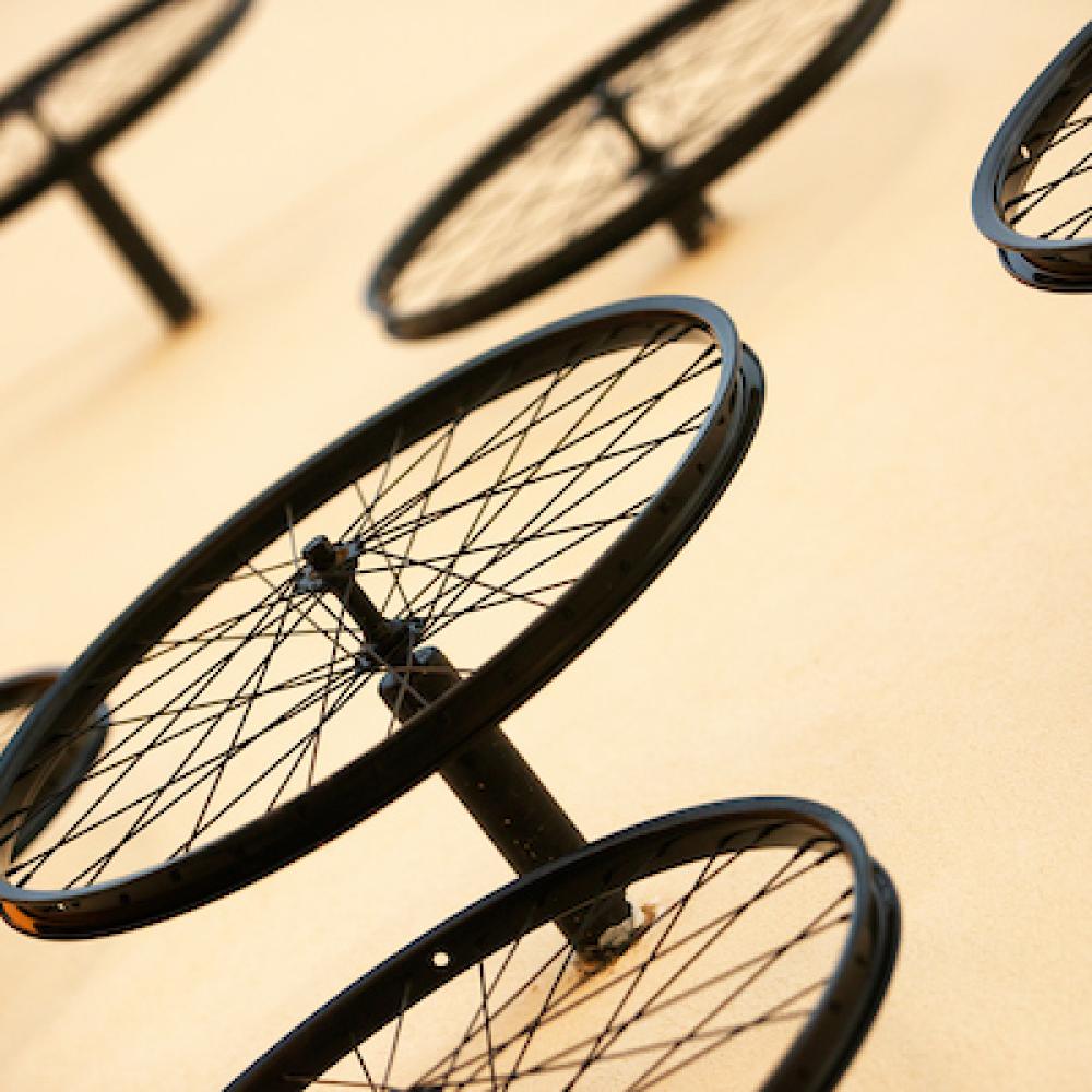 The bike wheel art on Scrub Oak Hall in the Tercero student housing area on September 13, 2021.